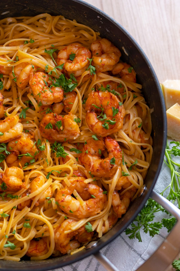 A pot of tasty shrimp linguine